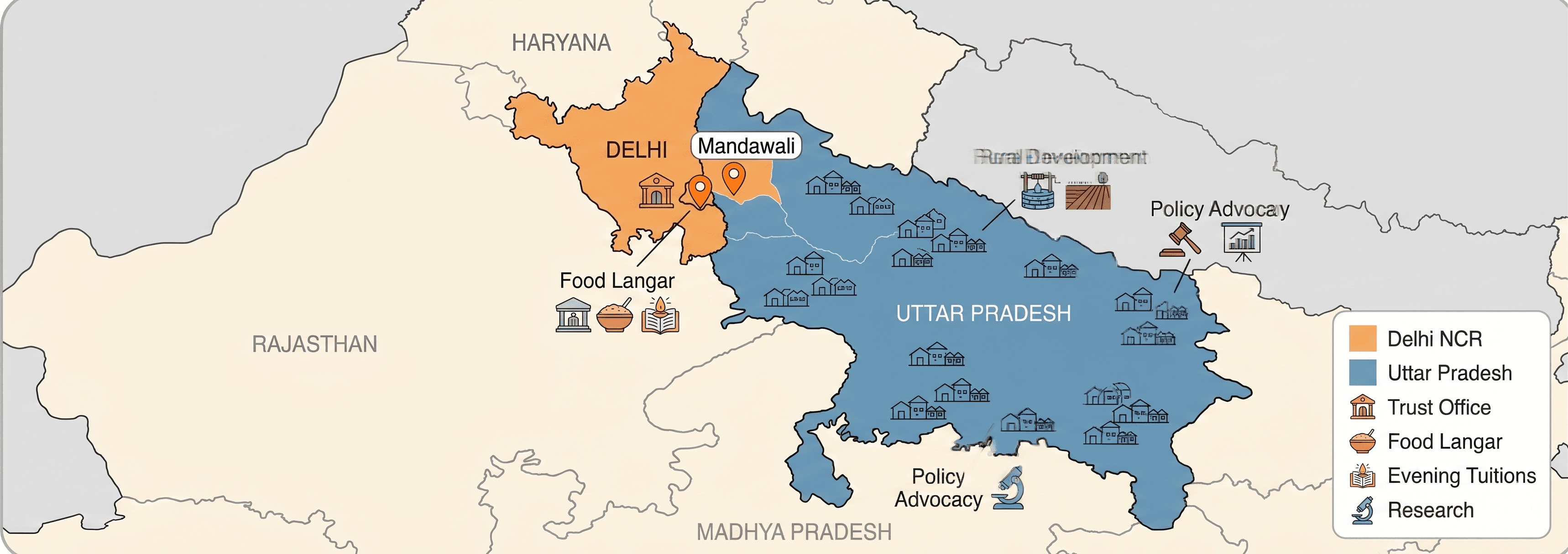 Map highlighting operational reach of Maa Shashi Foundation in Delhi NCR and Uttar Pradesh